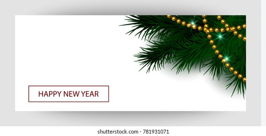 Horizontal background with yellow  Bead and  tree branches for invitation, certificate, banner and flyer, branded card. Merry New Year and Happy Christmas. Vector.