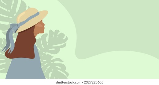 Horizontal background with young girl in a hat and monstera leaves. Background for website, web, apps in green colors.