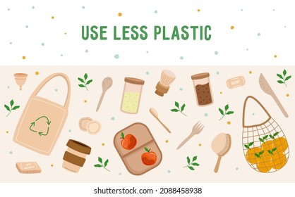 Horizontal background with zero waste elements and place for text. Vector illustartion in flat style