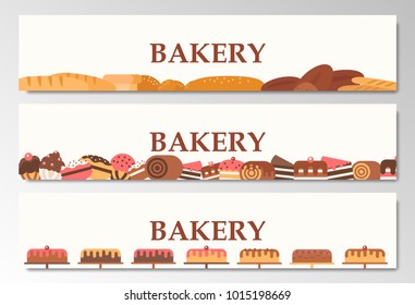 Horizontal bakery banners. Baking, bread and cakes. Vector flat.