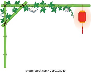 Horizontal bamboo arch frame with red asian lantern and Virginia Creeper vines vector illustration