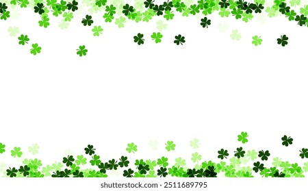 A horizontal band of clover leaves in various shades of green creates a natural border against a white background, perfect for St. Patrick's Day headers or banners.