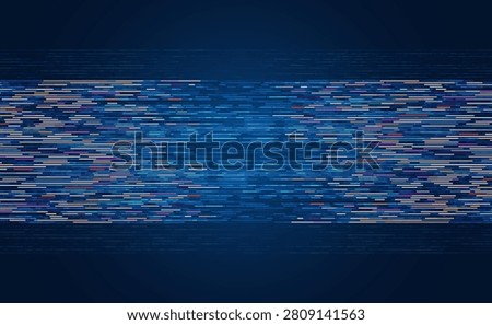 Horizontal band of colorful rectangular genetic code patterns on dark blue background, symbolizing science, biotechnology, and futuristic data analysis.