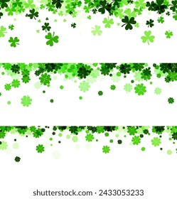 Horizontal bands of varying sizes of shamrocks in shades of green create festive borders against a pure white background, perfect for St. Patrick's Day themes
