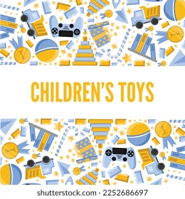 horizontal baner on the topic of baby toys,children items.vector flat cartoon toys.