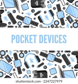 horizontal baner on the topic of digital gadgets, modern electronics items.vector flat cartoon graphics
