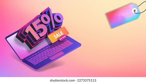 Horizontal banner with a 15% discount on the laptop screen. Vector banner