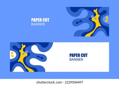 Horizontal banner with 3D abstract background with paper cut shapes. Vector design layout for business presentations, flyers, posters and invitations. Colorful carving art