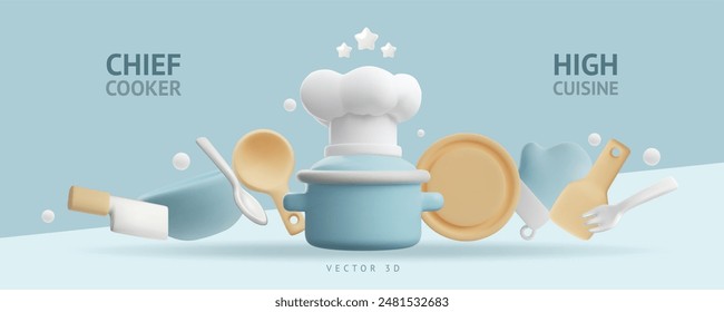 Horizontal banner with 3d kitchen equipment and text. On the pan lies a white chef's hat with three stars. On the sides there are cutlery, potholder and plate. Vector illustration on blue background