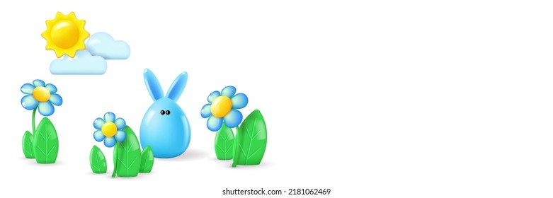 Horizontal banner with 3D objects. Blue bunny and sun, clouds, leaves and flowers