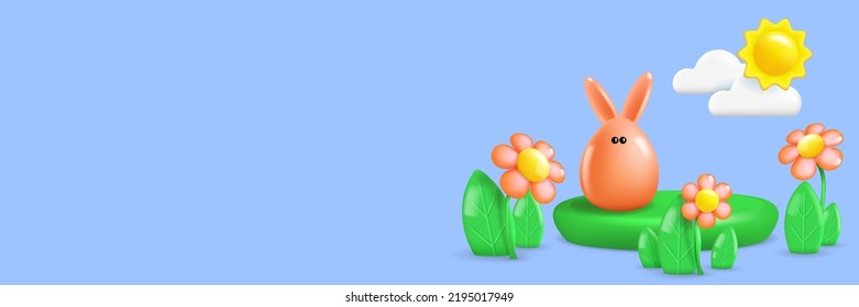 Horizontal banner with 3D objects. Orange bunny and sun, clouds, leaves and flowers