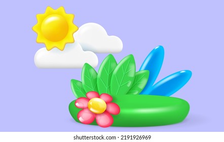 Horizontal banner with 3D objects. Rabbit ears and sun, clouds, leaves and flower