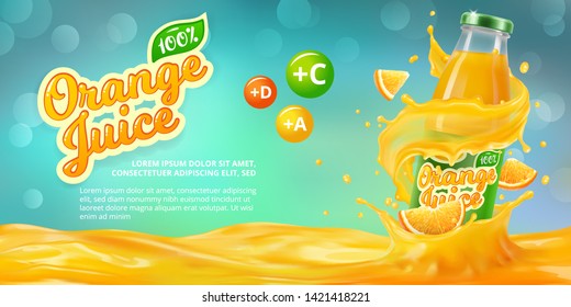 Horizontal banner with 3D realistic advertising of orange juice, a bottle in a splash of orange juice among the splashes and a logo