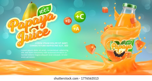 Horizontal banner with 3D realistic advertising of papaya juice, a bottle with papaya juice among the splashes and a logo