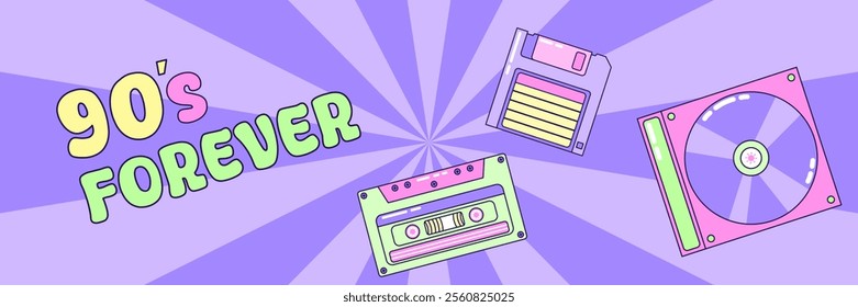 Horizontal banner 90s forever. Multicolored elements on striped background. Retro illustration with outline in 90s style. Vector illustration.