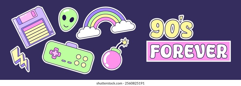 Horizontal banner 90s forever. Multicolored elements on dark background. Retro illustration with outline in 90s style. Vector illustration.