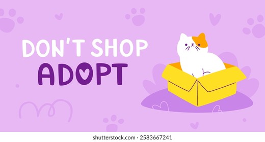 Horizontal banner about adoption with cute cat in the box. Cartoon banner template.