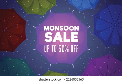 Horizontal banner about monsoon sale flat style, vector illustration. Opened umbrellas top view, rain drops, discount up to fifty percent. Decorative design