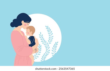 Horizontal banner about motherhood with space for text. Mom hugs baby. Happy Mothers Day. Vector flat illustration