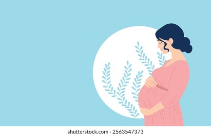 Horizontal banner about pregnancy and motherhood with space for text. Pregnant woman hugs her belly with her hands. Happy Mothers Day. Vector