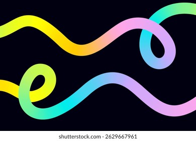 Horizontal banner with abstract bright 3d rainbow curve smooth wavy line, neon gradient pattern with loop. Background with empty text box, colored ribbon shape. Vector EPS10