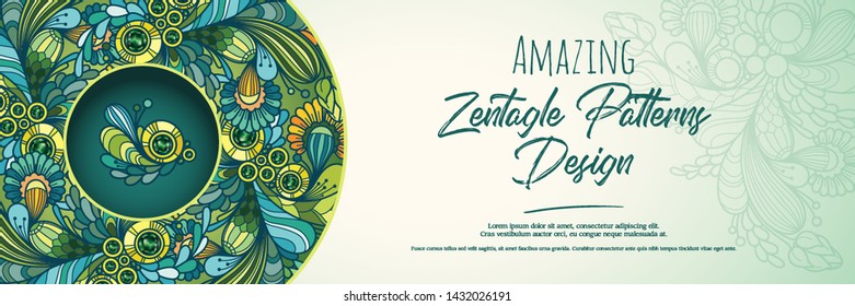 Horizontal banner with abstract color pattern in doodle style. Vector template with bright colorful floral zentagle ornament and place for text