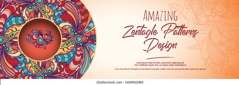 Horizontal banner with abstract color pattern in doodle style. Vector template with bright colorful floral ornament and place for text