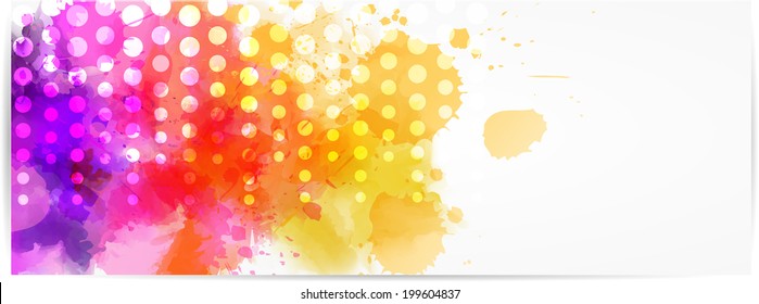 Horizontal banner with abstract color splashes and modern dots design