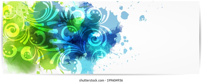 Horizontal banner with abstract color splashes and modern swirly floral design