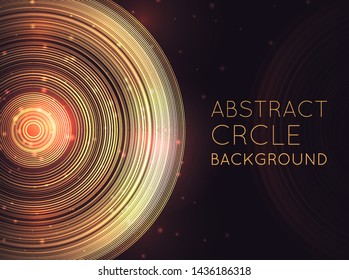 Horizontal banner with abstract glowing background with concentric circles, glitter and space for text. Shine halos. Template with techno ring for slides, covers and your design.