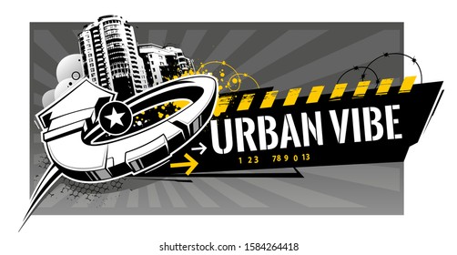 Horizontal banner with abstract graffiti elements: arrows, splashes, barbed wire, paint splashes, stars. Vector art with urbanistic motive.