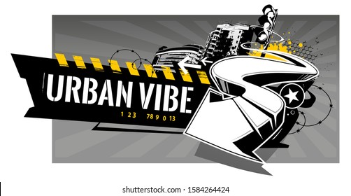 Horizontal banner with abstract graffiti elements: arrows, splashes, barbed wire, paint splashes, stars. Vector art with urbanistic motive.