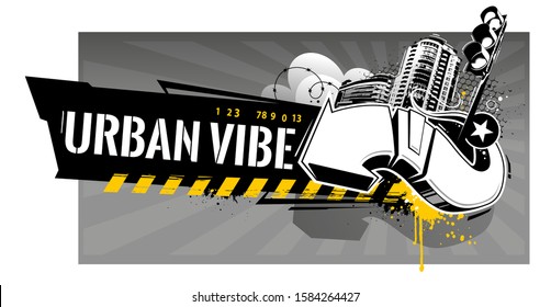 Horizontal banner with abstract graffiti elements: arrows, splashes, barbed wire, paint splashes, stars. Vector art with urbanistic motive.