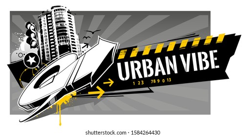 Horizontal banner with abstract graffiti elements: arrows, splashes, barbed wire, paint splashes, stars. Vector art with urbanistic motive.