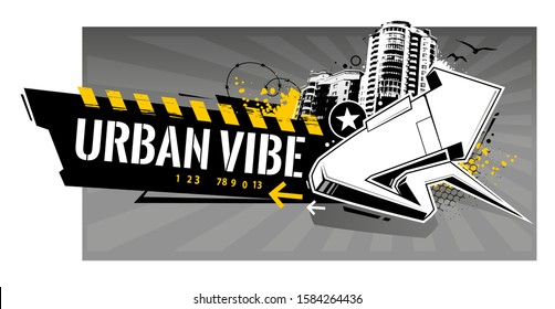 Horizontal banner with abstract graffiti elements: arrows, splashes, barbed wire, paint splashes, stars. Vector art with urbanistic motive.