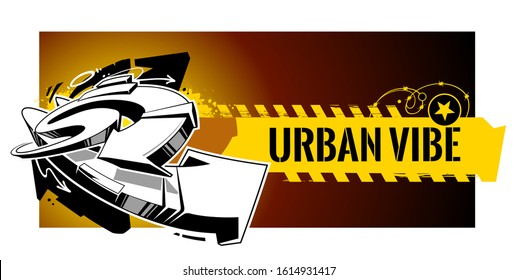 Horizontal banner with abstract graffiti elements: arrows, splashes, barbed wire, paint splashes, stars. Vector art with urbanistic motive.