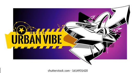 Horizontal banner with abstract graffiti elements: arrows, splashes, barbed wire, paint splashes, stars. Vector art with urbanistic motive.