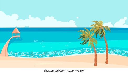 Horizontal banner of abstract seascape with palm tree, tropical beach background. Flat Art Vector Illustration