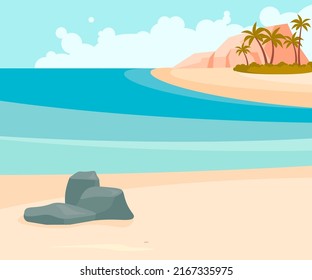 Horizontal banner of abstract seascape with palm tree and island, tropical beach background. Flat Art Vector Illustration