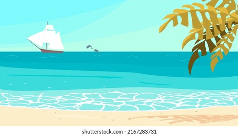 Horizontal banner of abstract seascape with sailboat and dolphins on the horizon, tropical beach background. Flat Art Vector Illustration