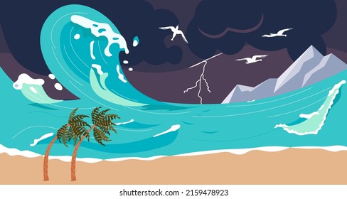 Horizontal banner of abstract seascape with storm and thunder on the sea. Barrel waves background. Flat Art Vector Illustration