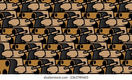 Banner horizontal con el avance de un ejército de columnas de tanques con color de arena y cañón largo para disparar proyectiles contra el enemigo. Artillería pesada y equipo durante el desfile. Vector aislado en fondo negro