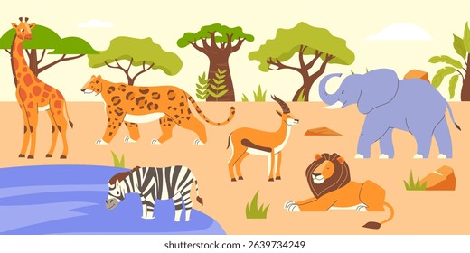 Horizontal banner with African animals in the savannah