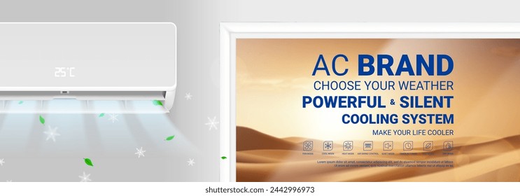 Horizontal banner of air conditioner. Realistic vector illustration with air conditioner in room with window and desert outside. Modern split system climate control for home. Product mockup concept.