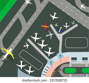 Horizontal banner with airplane taxiing and preparing for take off on runway, top view. Passenger aircraft beside airport building