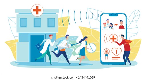 Horizontal Banner Ambulance Application Flat. Patient Man Calls Ambulance by Phone Through Application. Professional Doctors Rush to Emergency Call Help Patient. Vector Illustration.