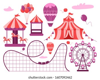 Horizontal banner of amusement park with circus tent. Great attractions such as carousel with horses, ferris wheel, roller coaster and ice-cream truck. Vector illustration in cartoon style