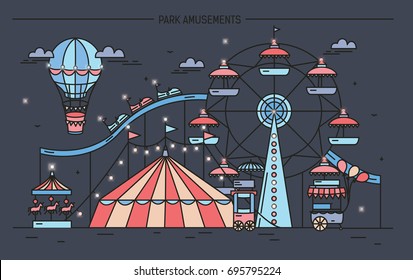 Horizontal banner with amusement park. Circus, ferris wheel, attractions, side view with aerostat in air. Colorful line art vector illustration on dark background.