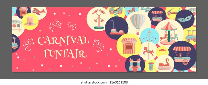Horizontal banner with amusement park icons in colored circles. Carnival funfair ticket. Bright childish background. Cartoon style design. Vector illustration.