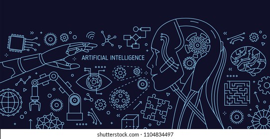 Horizontal banner with android, robotic arm and manipulator, hi-tech devices drawn with contour lines on blue background. Artificial or machine intelligence. Vector illustration in lineart style